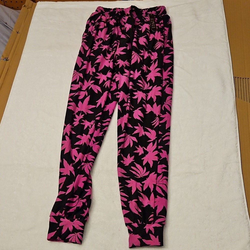 Eevee Womens Pink Black Leaf Print Joggers Elastic Waist Tapered Pants Small NEW